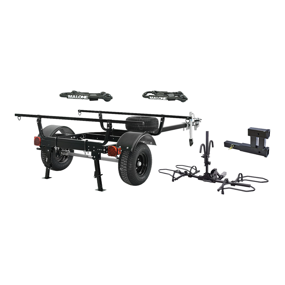 Malone MS Overland Trlr Pkg ( 1 Jack Stnd, 2 Stabilizers, Spr Tire) (2 Folding J's, 1 double hitch, 1 ebike rack) (Tent not included)