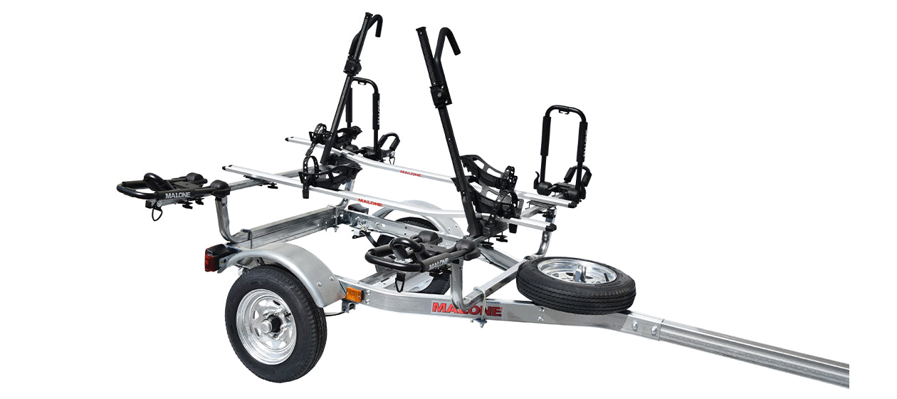 Malone MicroSport 2 Kayak/2 Bike Trailer Package (2 Sets FoldAway-J, 2 Bike Racks, Spare Tire)