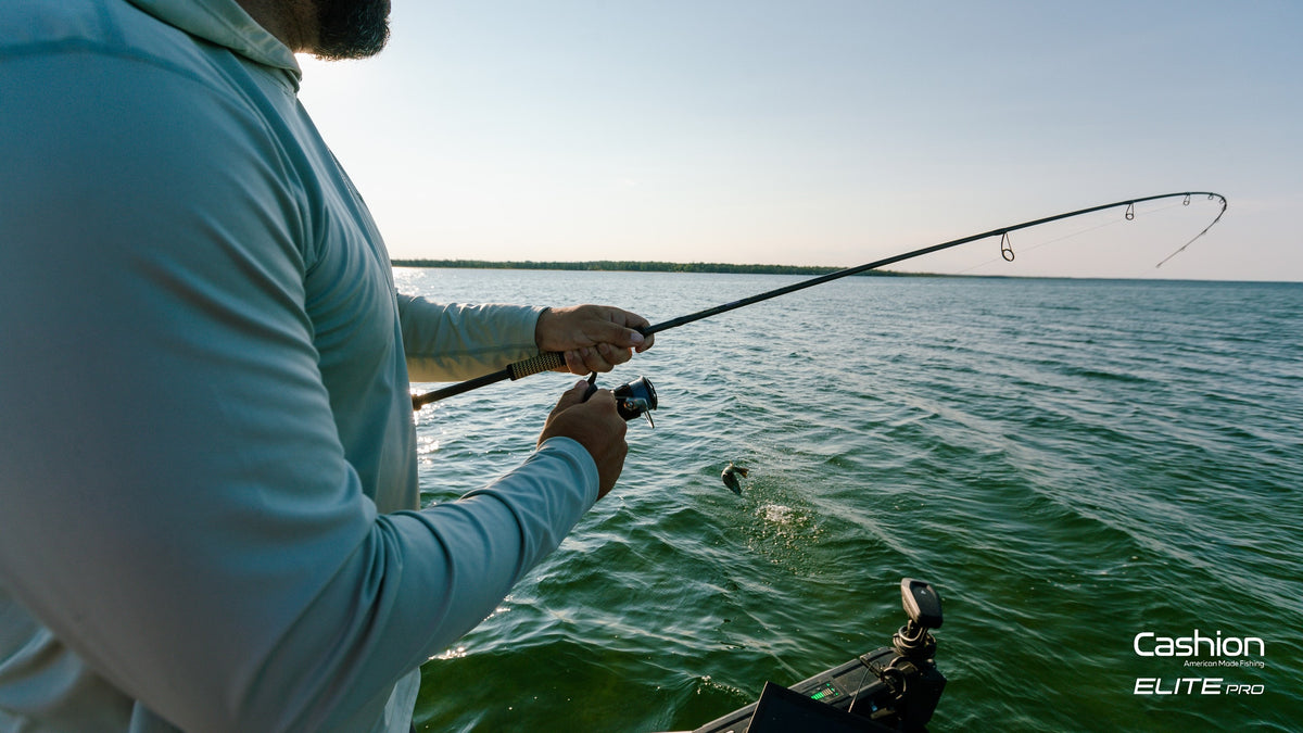 Angler fighting a bass on a Cashion Elite Pro rod