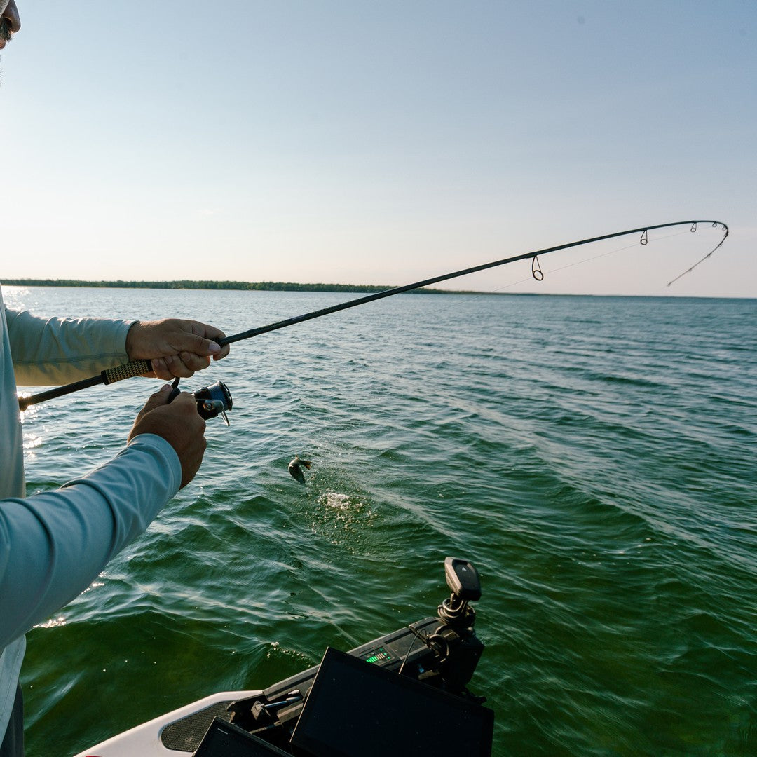 Angler fighting a bass on a Cashion Elite Pro rod