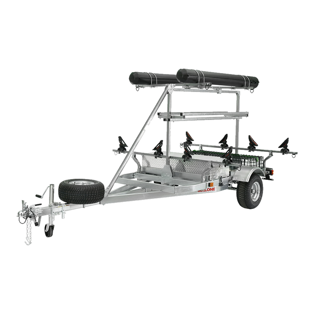 Malone MegaSport 2-4 Kayak Trlr Pkg (Spr Tire, 2nd Tier, 2 Sets Saddles, Basket & Drawer,2 Rod tubes, Milk Crate Cage)