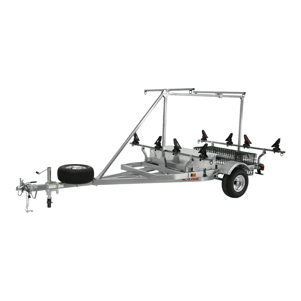 Malone MegaSport 2-4 Kayak Trailer Pkg (Spare Tire, 2nd Tier, 2 Sets Saddles, Storage Basket & Drawer)