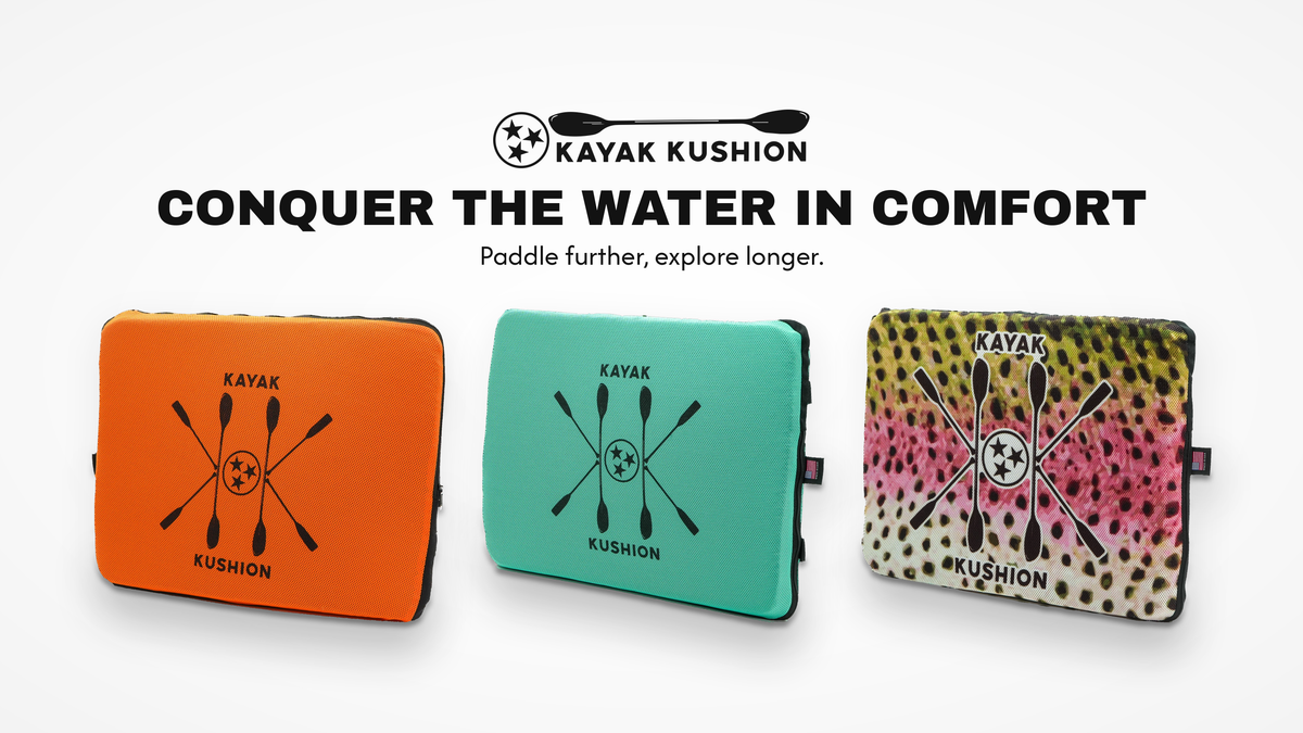 Kayak Kushion seat cushions in Orange, Aqua and Rainbow Trout under the headline Conquer the Water in Comfort